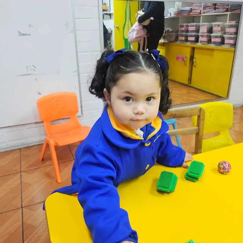 Niña jugando con bloques de construcción en su mesa