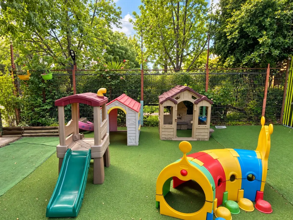 Patio de juegos con resbalín, casitas y túnel de colores